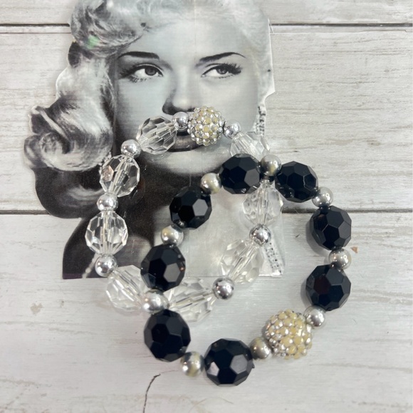 Beaded Stretch Bracelets Silver  Clear & black disco ball Beads Set Of 2. - Picture 1 of 4